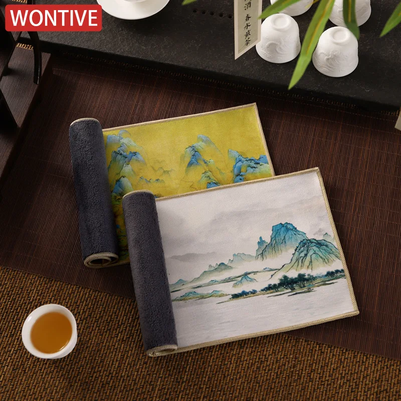 Trapo profesional chino de 30x16cm, toalla de té gruesa pintada, juego de limpieza de té de alta gama súper absorbente, accesorios para tapete de taza
