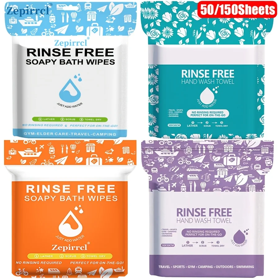 50/150sheets Rinse Free Bath Sponges-Disposable No Rinse Bathing Wipes,Dry Shower Wipes for Elderly,Camping,Post Surgery (25 Counts，11.81*11.81in）