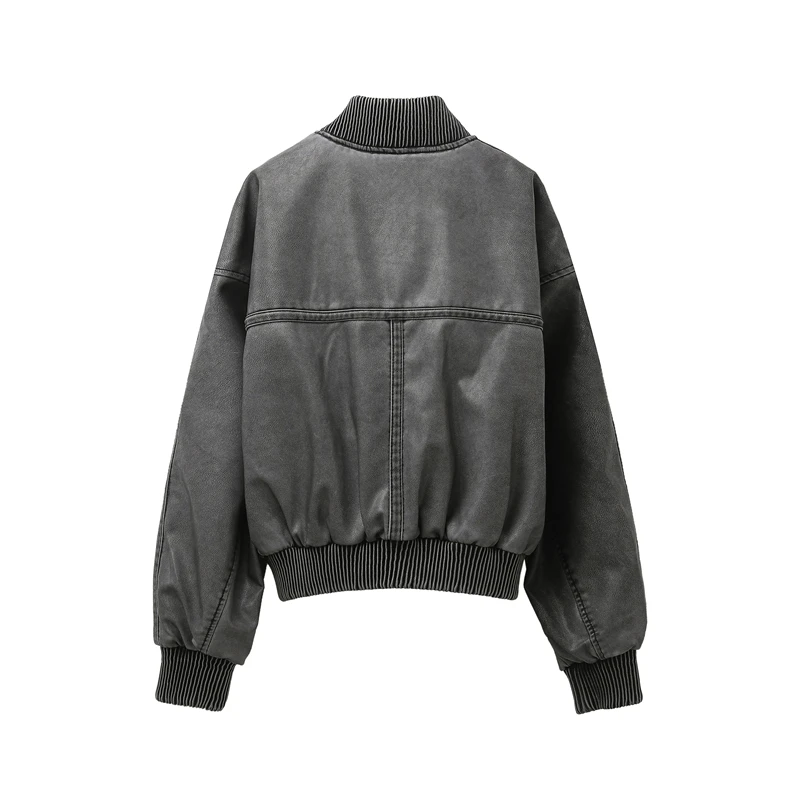 Chaqueta Bomber con efecto lavado antiguo para mujer, abrigo de PU de manga larga con cuello alto, color gris, 2024