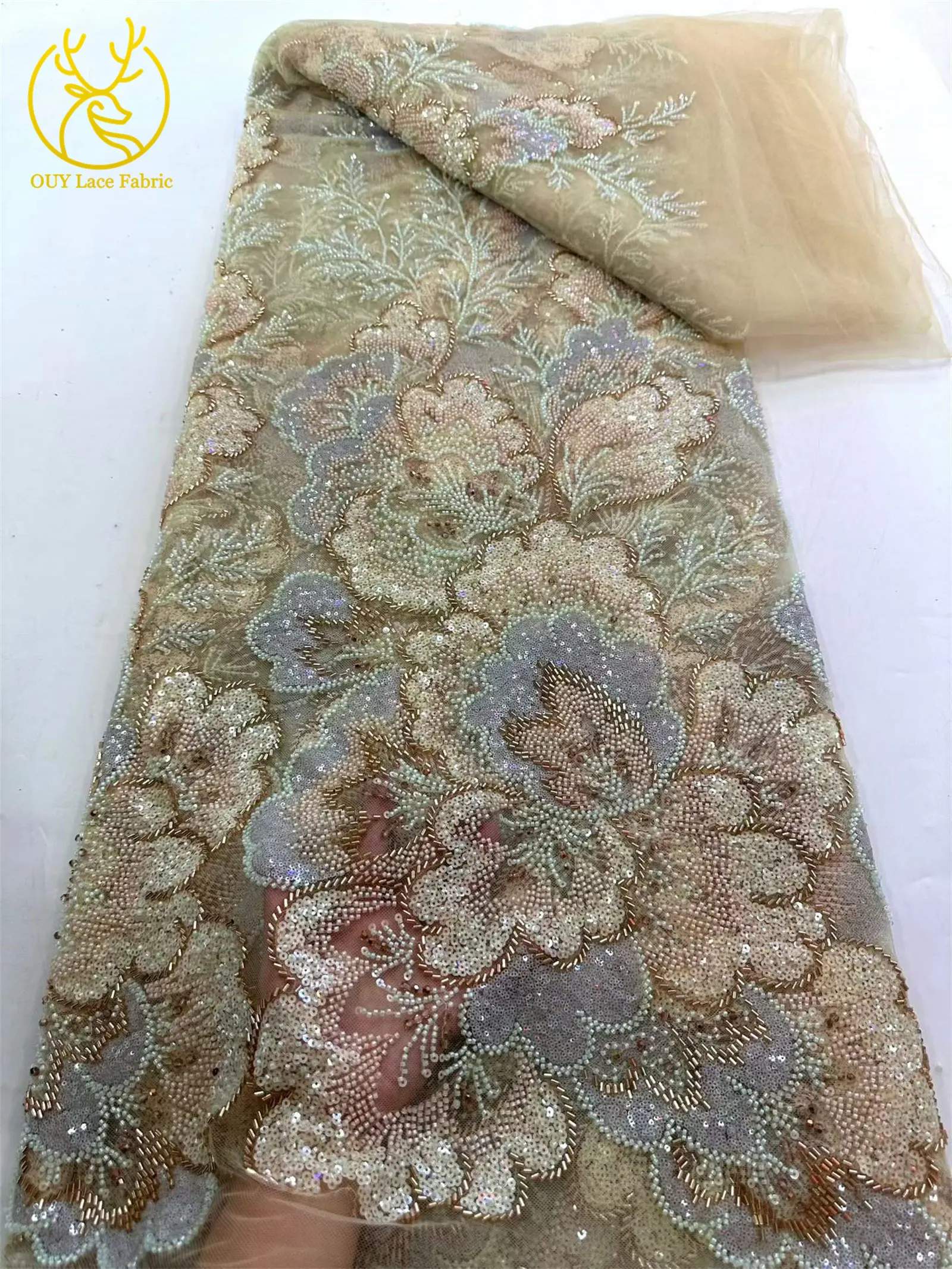 Afrikanischer Brautkleidstoff mit Perlen und Spitze 2026 Luxuriöse Nigerianische Stickerei Pailletten-Spitze Französische Tüllspitze für Brautkleider – Detail 10