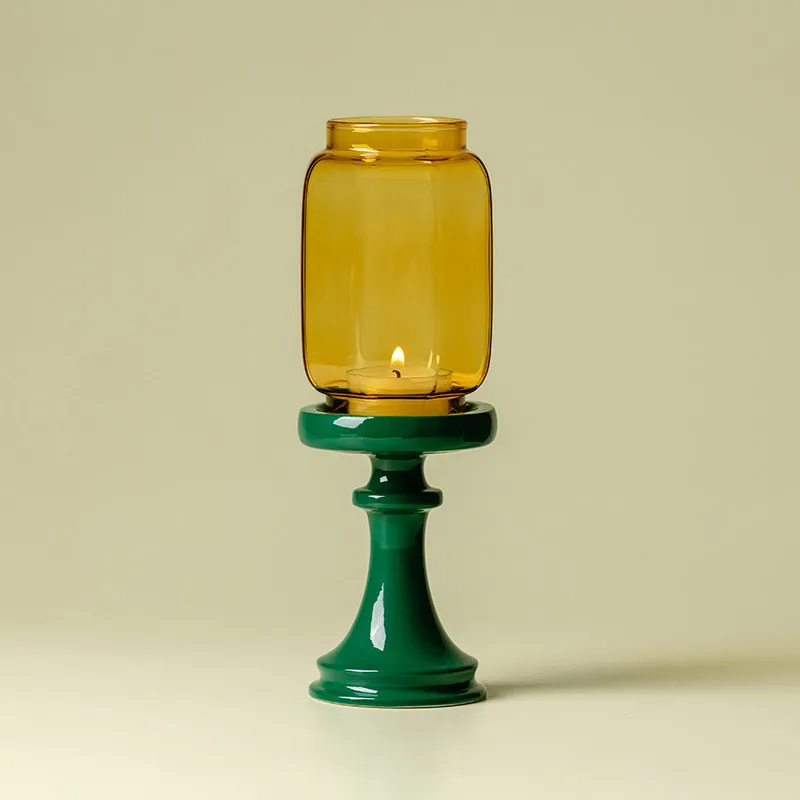Glass Candle Holder Dark Green Ming Qing Base Chinese Zen Tea Room Ornament