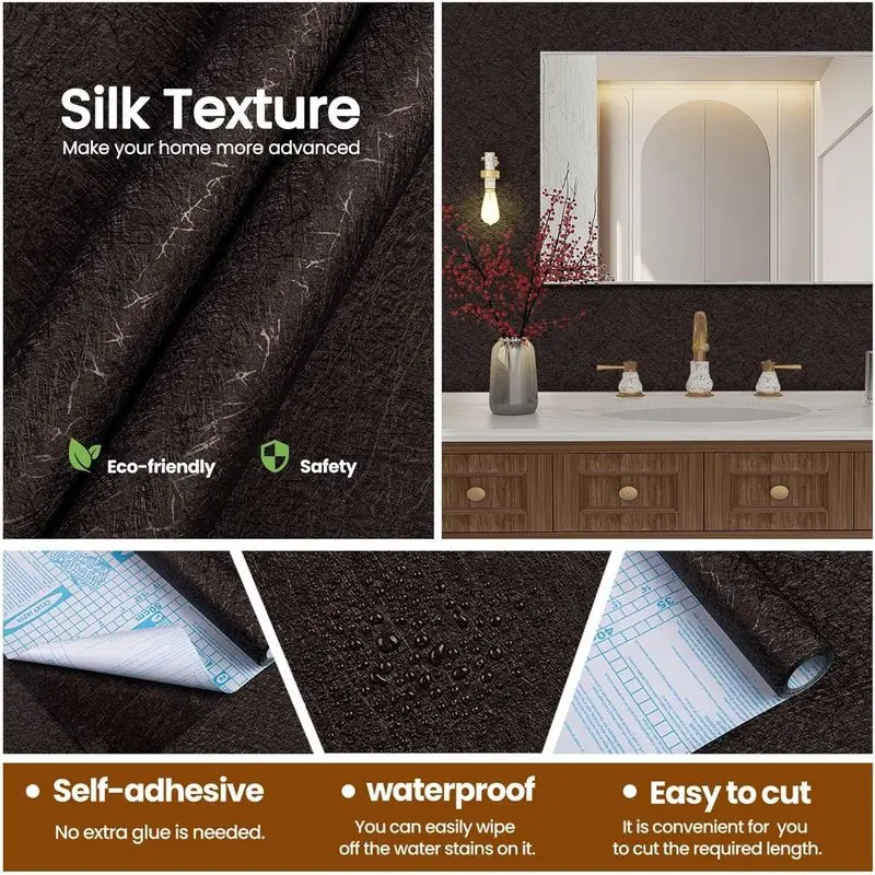 Black Silk Texture Self Adhesive Contact Paper Waterproof Moisture-Proof Furniture Renovation Wallpaper Dorm Rental DIY Decor