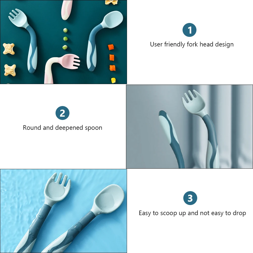

2 Sets Baby Spoon Fork Toddler Utensil Soft Silicone Feeding Tools Safe Durable Practical Design Portable