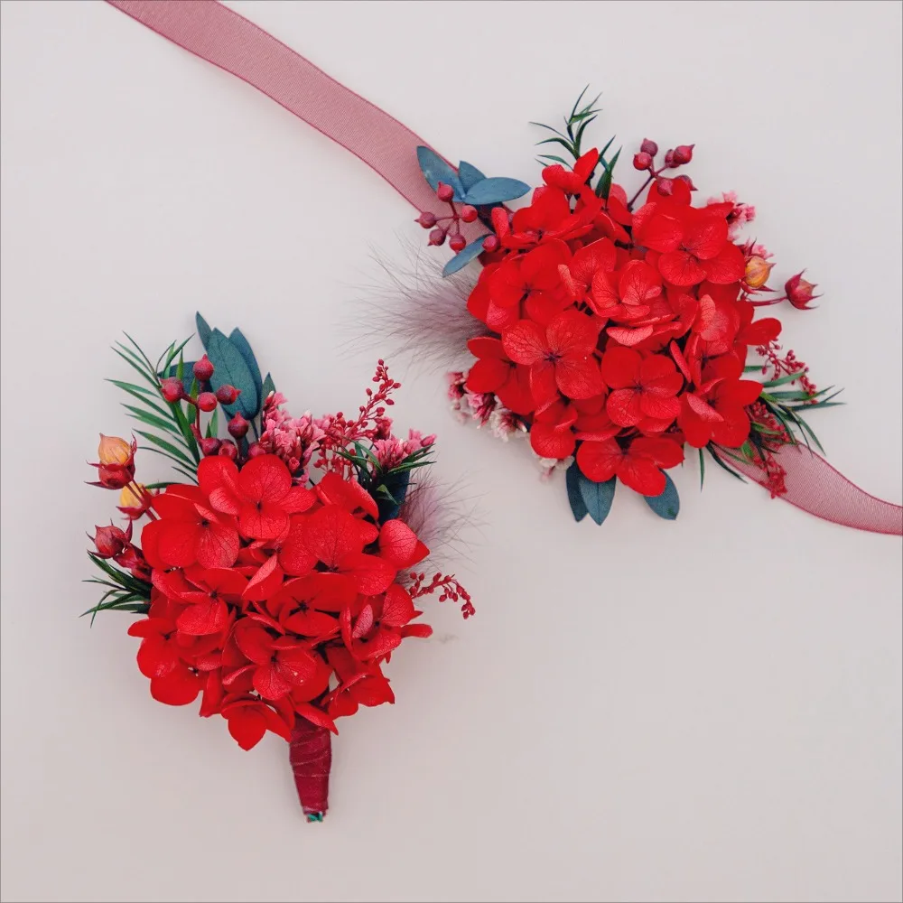 

Vintage Red Preserved Flower Boutonniere & Wrist Corsage for Wedding Couple Wedding Proposal Wedding Accessories