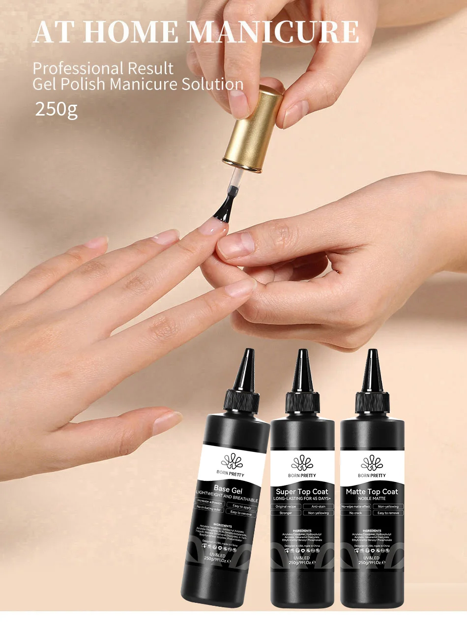 BORN PRETTY 250g Base and Super Top Coat Not Chip Peel Base Gel Glossy Shine Finish Soak off UV LED Drying Long Lasting UV Gel