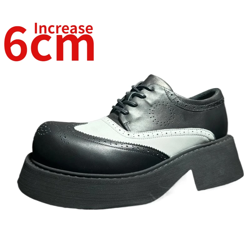 

Europe/American Show Design Derby Shoes for Men Increase 6cm Japanese Style Genuine Leather Thick Platforms Elevator Carved Shoe