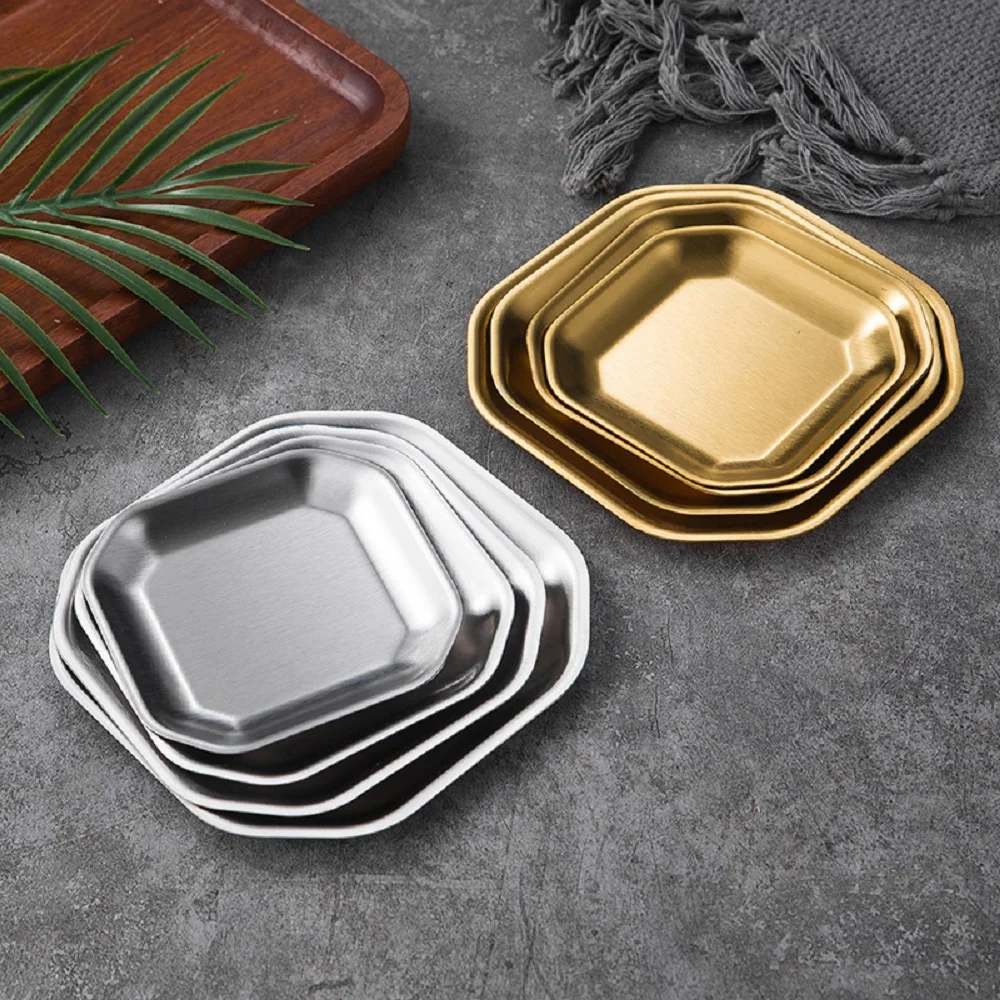 Stainless Steel Square Dish Silver Gold Cake Snack Dessert Pastry Serving Tray Kimchi Sauce Dipping Plates Kitchen Utensils