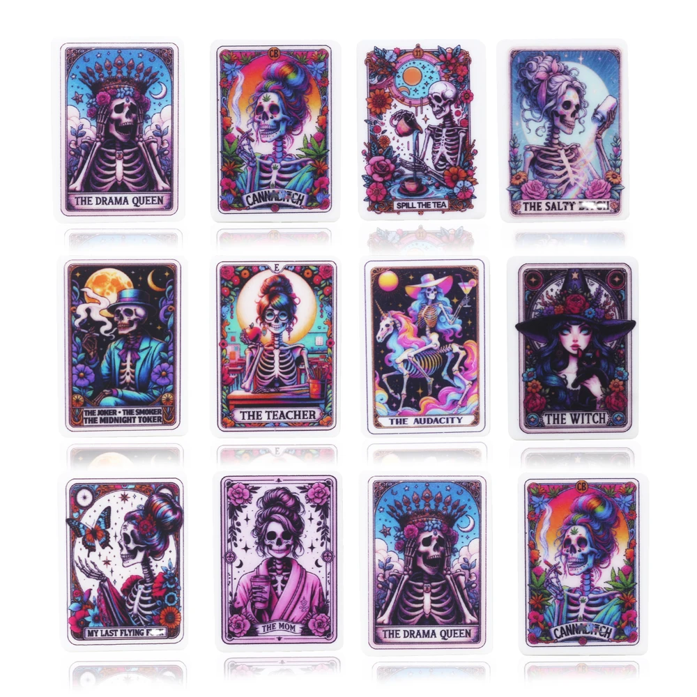 10pcs Halloween Tarot Focal Silicone Beads Rectangle Various Printing Designs Beads For Pen Making Jewelry Necklaces