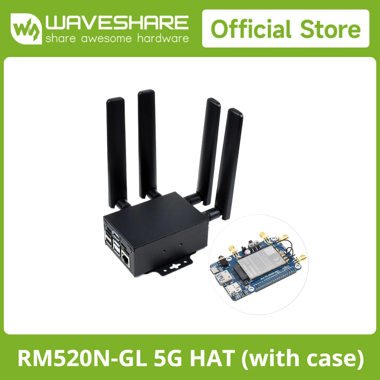 

Waveshare Quectel RM520N-GL 5G Module HAT For Raspberry Pi With Case, Modem,Quad Antennas LTE-A,Global Band,GNSS Support 3GPP 16