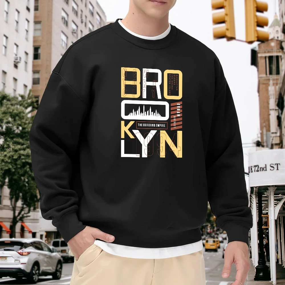 

Men's Black Crew Neck Sweatshirt with Brooklyn Lettering Print Design, Loose Fit, Street Style, Casual and Comfortable Top for Everyday Wear, Trendy Urban Style