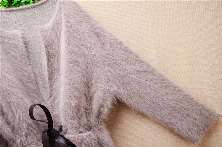 Female Women Autumn Winter Clothing Hairy Mink Cashmere Knitted Long Sleeves Belt Loose Cardigans Angora Fur Jacket Sweater Pull