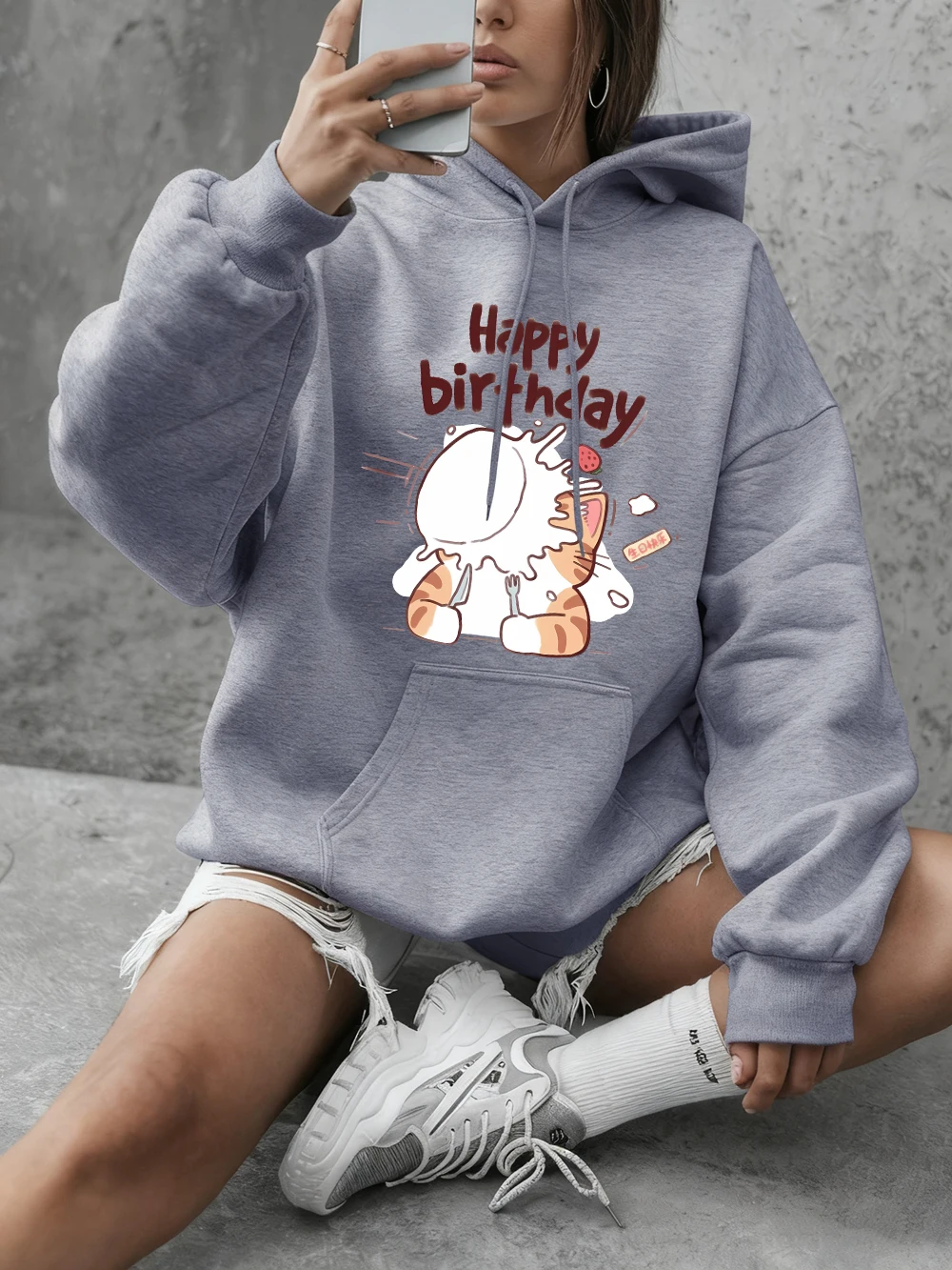 القطط احتفال عيد ميلاد سعيد الطباعة البلوز المرأة عادية فضفاض هوديي الشتاء الصوف الملابس الدافئة أساسيات Crewneck القمم