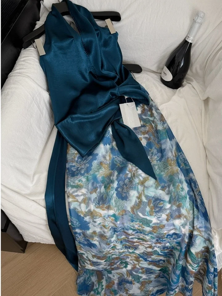 

Ele Cross-Ne Tie Waist Silk Vest Print Skirt Women's Summer Faion Casual High-End Feeling Light Maturi