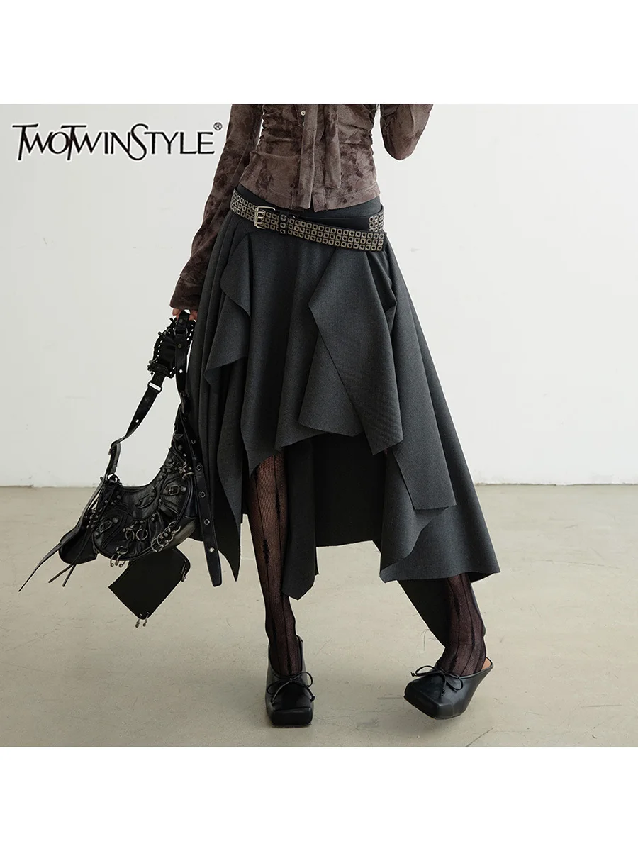 TWOTWINSTYLE Solid Patchwork Belt Loose Skirts For Women High Waiat Irregular Elegant Skirts Female Fashion Style Clothes New