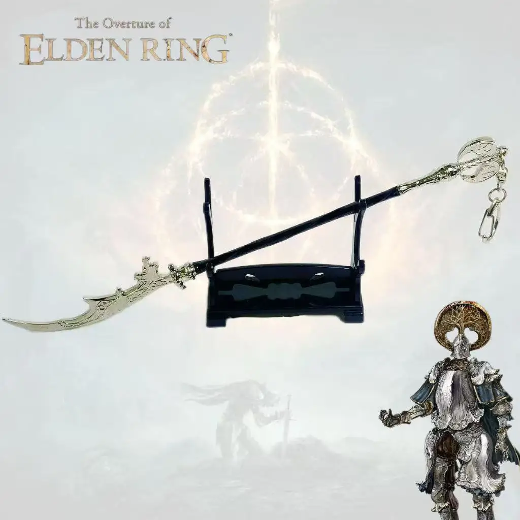 

8.7inch Elden Scythe of The Unborn Silver Green Metal Scythe Japanese Samurai Sabre Ninja Blade Cosplay Prop Safe Toy Gift