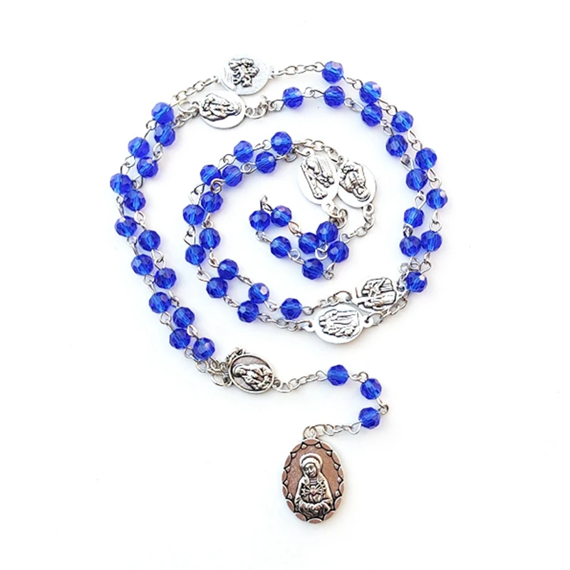 Seven Sorrows Crystal Beaded Rosary Necklace For Women Catholic Pray Pendant  Jewelry Red White Pink Blue