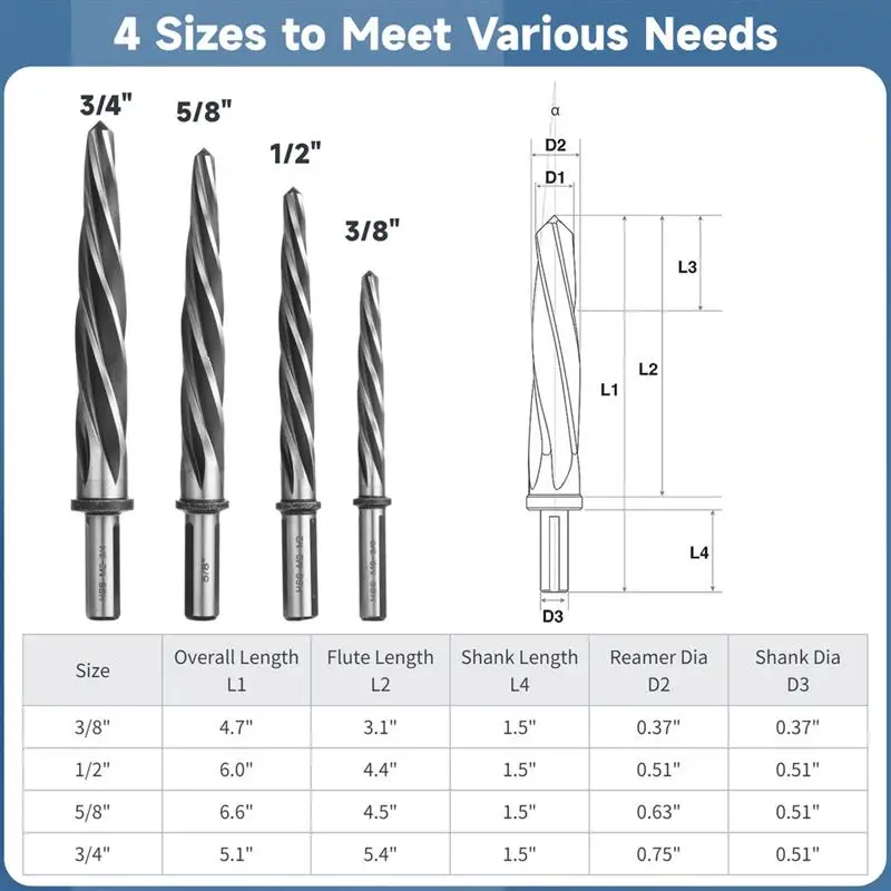 4Pcs/Set Taper Reamers 3/8\