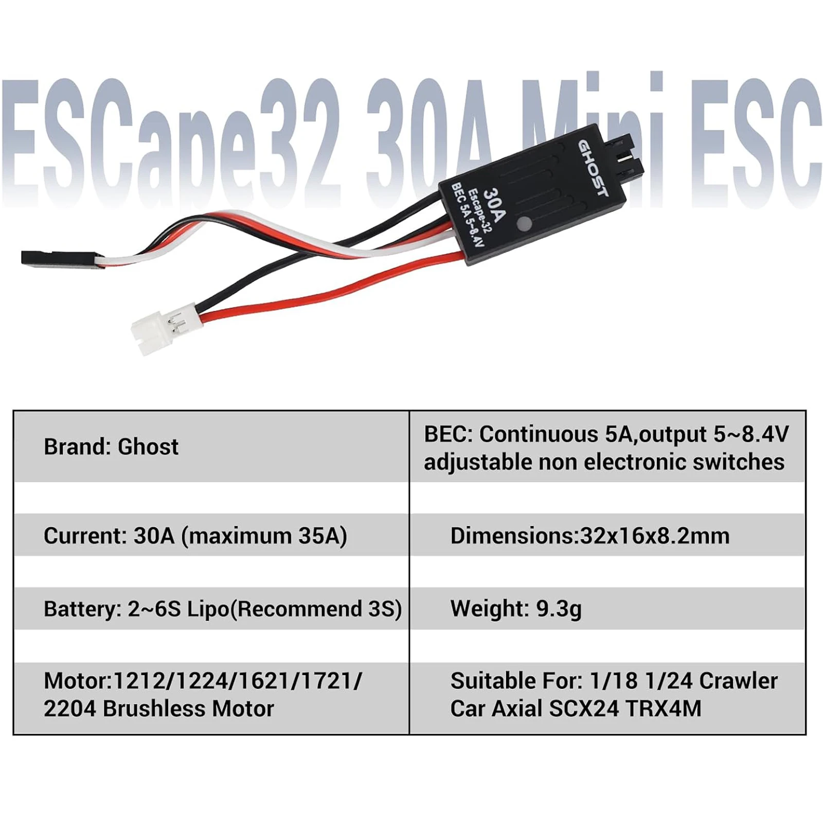 Ghost ESCape32 30A Mini Brushless ESC 2-6S with 5A BEC 8.4V for RC Boat 1/18 1/24 Crawler Car Axial SCX24 TRX4M