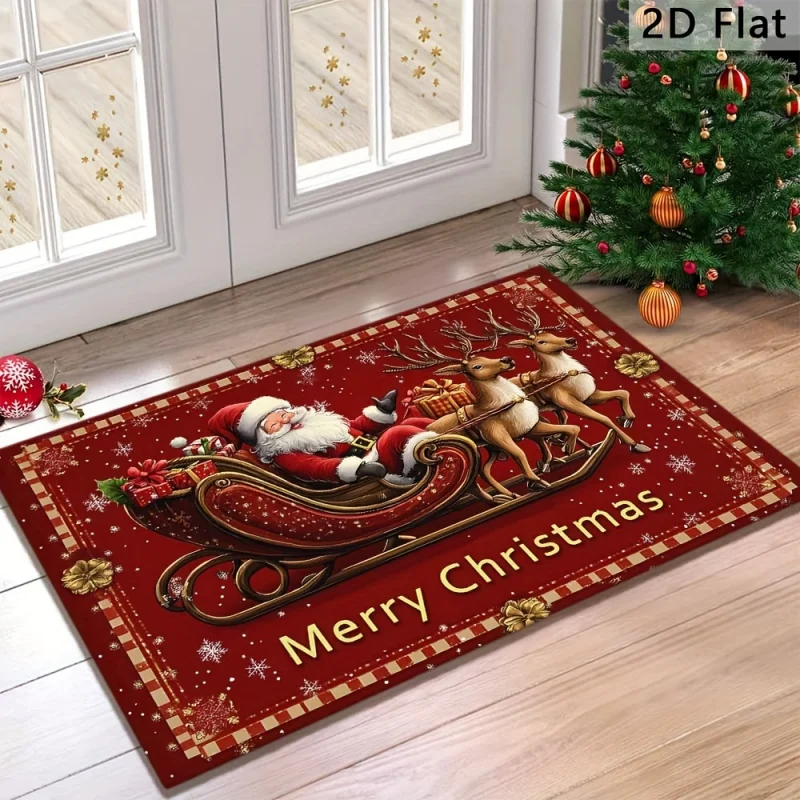 VIKAMA Merry Christmas Santa Sleigh Reindeer Door Mat Red Xmas Welcome Rug Plaid Border Entryway Floor Mat Non Slip Decor