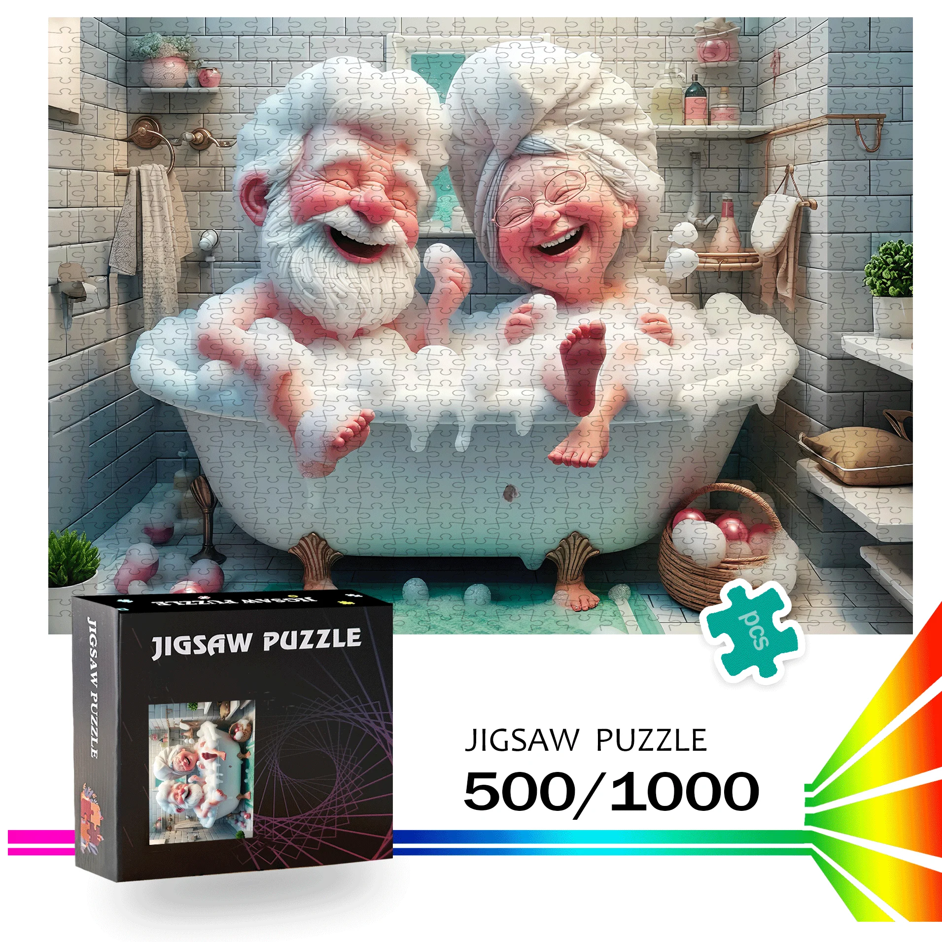 Elderly Couple in Bathtub Puzzle 500pcss/1000pcs Large Jigsaw Game Gift, Family Interactive DIY Home Decor Brain Challenge for