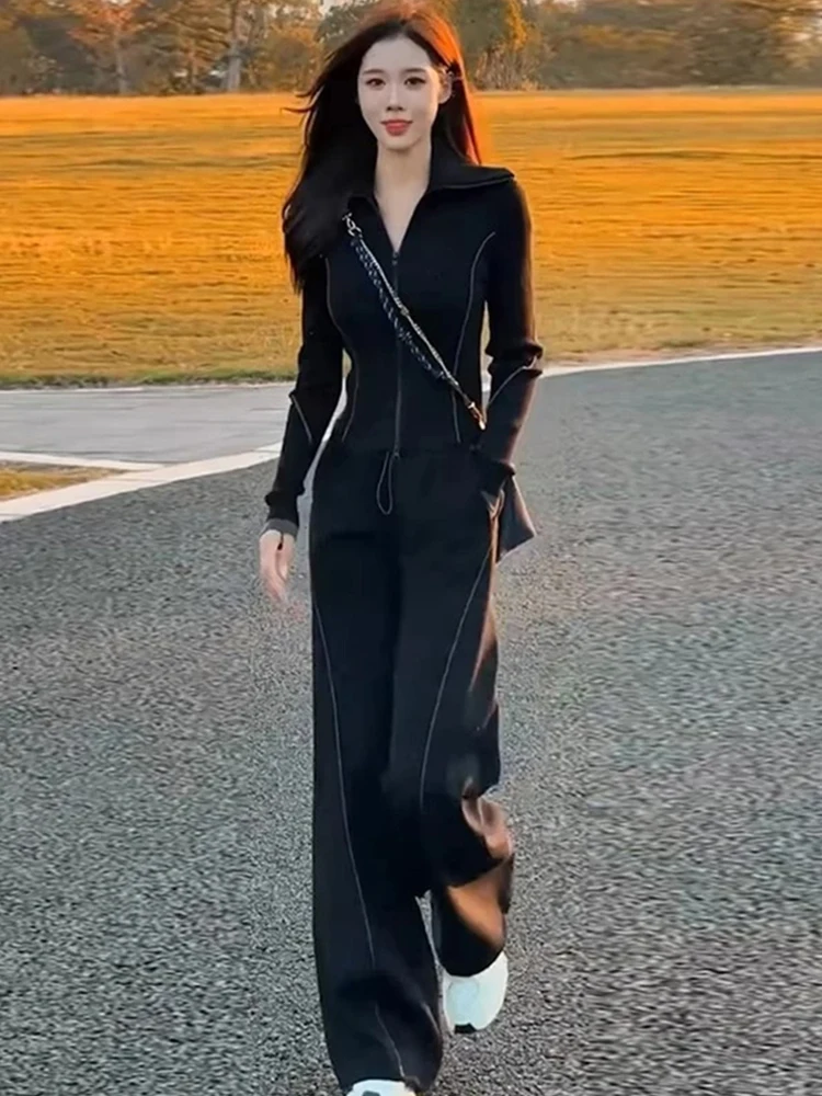 

Early Spring Casual Sporty Women's Two-Piece Set High Waist Wide Leg Pants Zipper Closure Hoodie Breathable Midweight