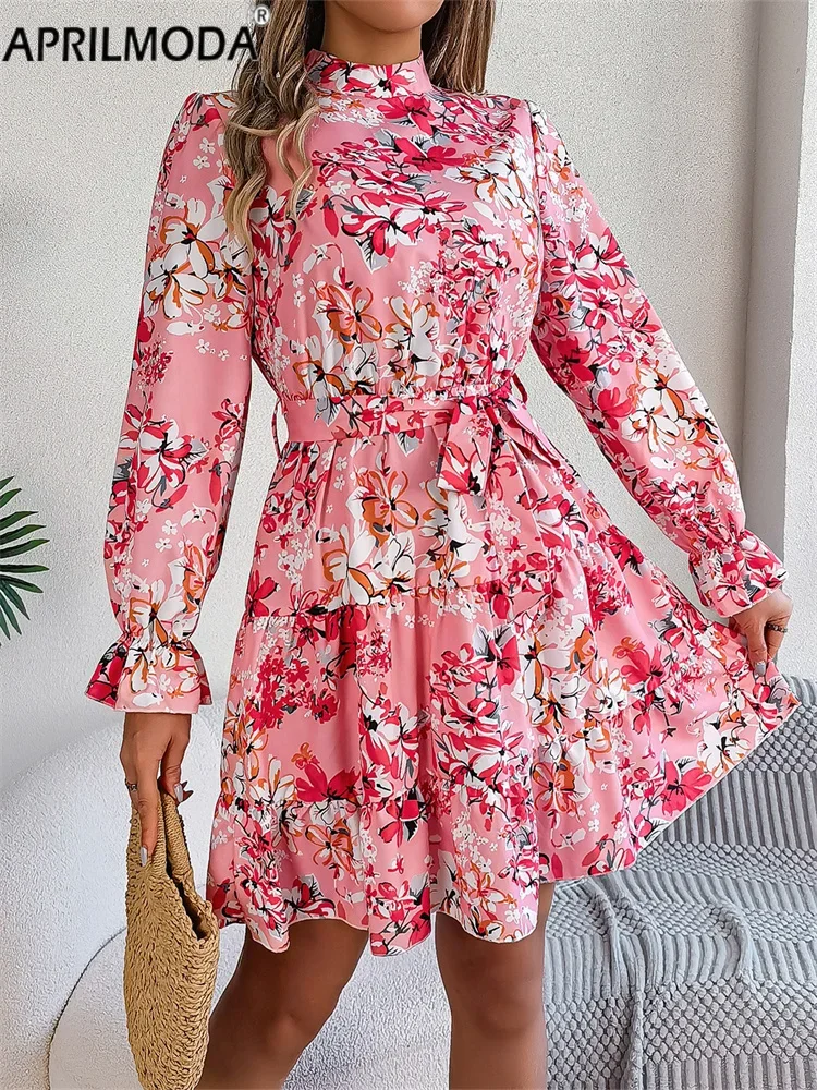 2024 Long Puff Sleeve Floral Print Women Casual Dress  Autumn Winter Ruffle Hem Elegant A Line Swing Runway Birthday Dresses