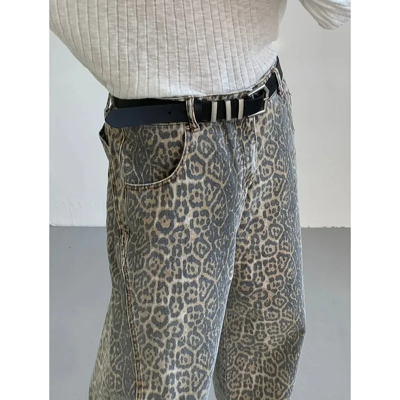 Women's Jeans Leopard High Waist Hip Hop Straight Fashion Pants Streetwear Harajuku Y2K Style Female Wide Leg Denim Trousers