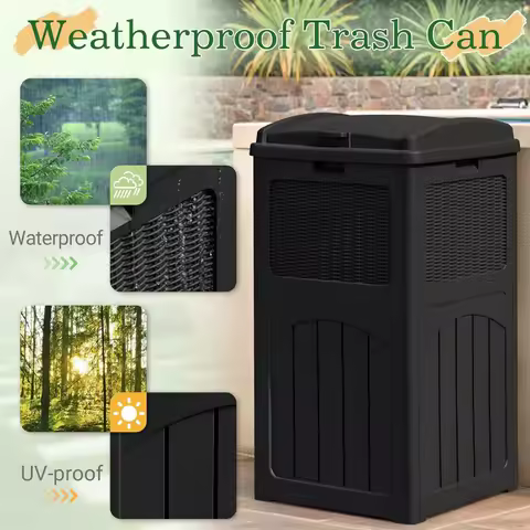 33 Gallon Outdoor Trash Can with Lid, Waterproof Resin Garbage Bin for Hideaway, Deck, Patio, Dark Black