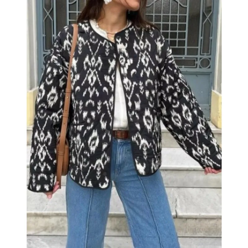 

2025 New Women's Animal Print Crew Neck Loose Casual Long Sleeve Cotton Jacket