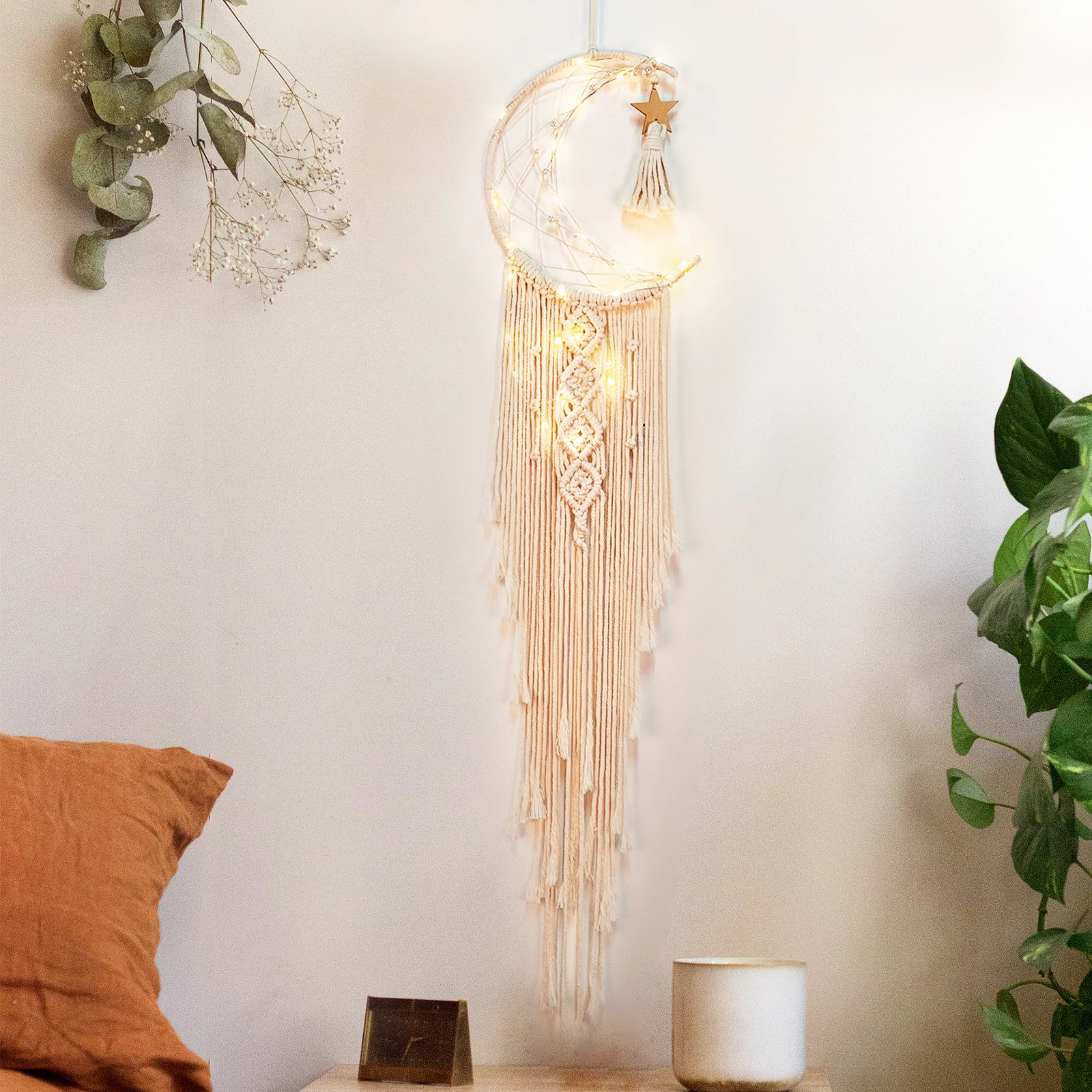 

OurWarm Macrame Dream Catcher Boho Home Decor Moon Ramadan Macrame Wall Hanging Nordic Room Decoration Kids w/LED String Light