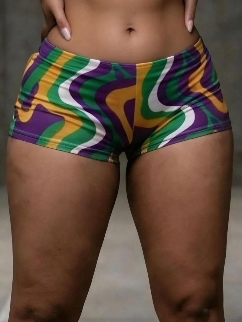 กางเกงขาสั้นสตรีสีตัดกันสไตล์มาร์ดิกราส์ 2026 สำหรับฤดูร้อน เอวต่ำ ยืดหยุ่น เซ็กซี่ เหมาะสำหรับงานปาร์ตี้ คลับ และใส่เดินเล่น