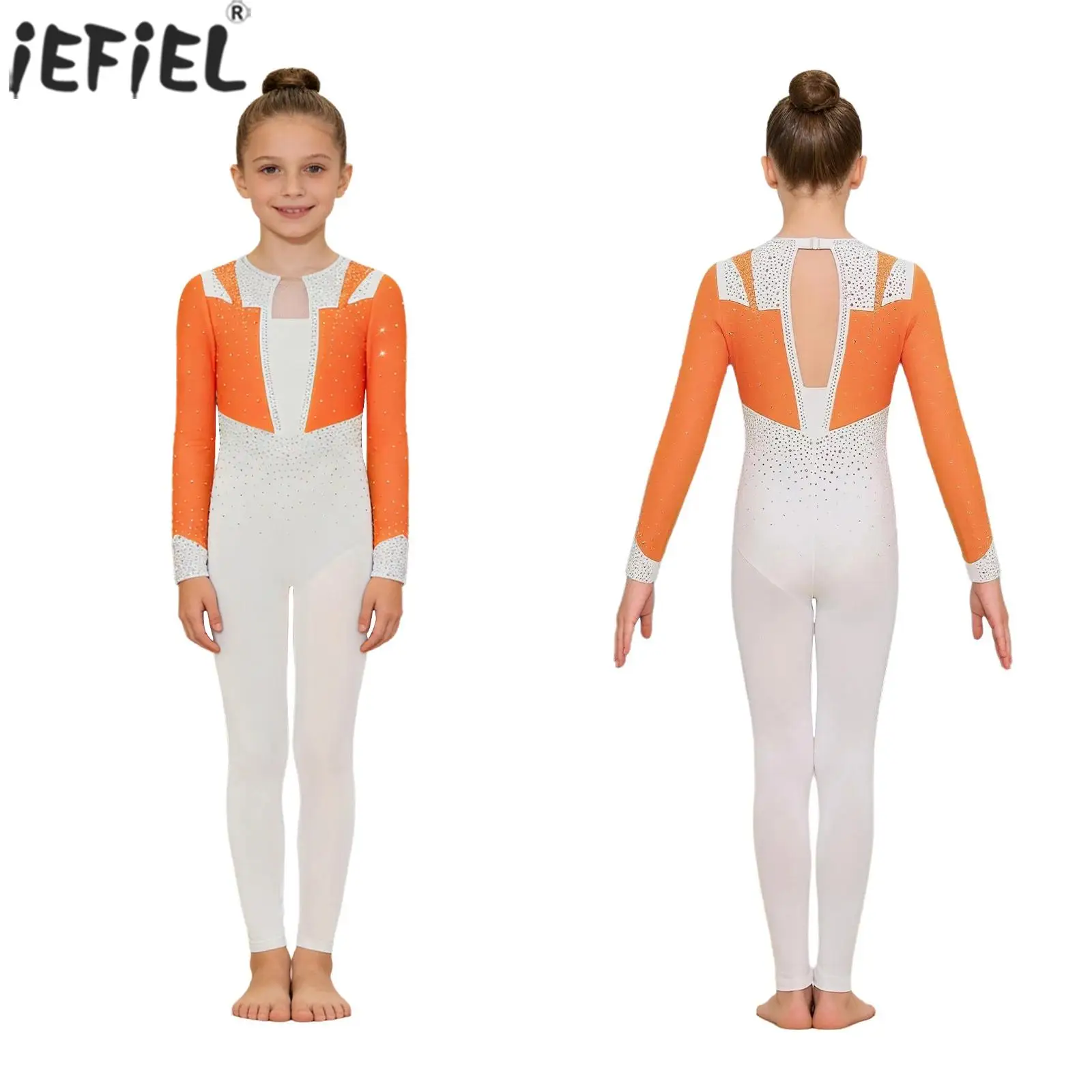 Kids Girls Gymnastics Leotard Ballet Dance Figure Skating Acrobatics Bodysuit Long Sleeve Shiny Rhinestones Color Block Jumpsuit