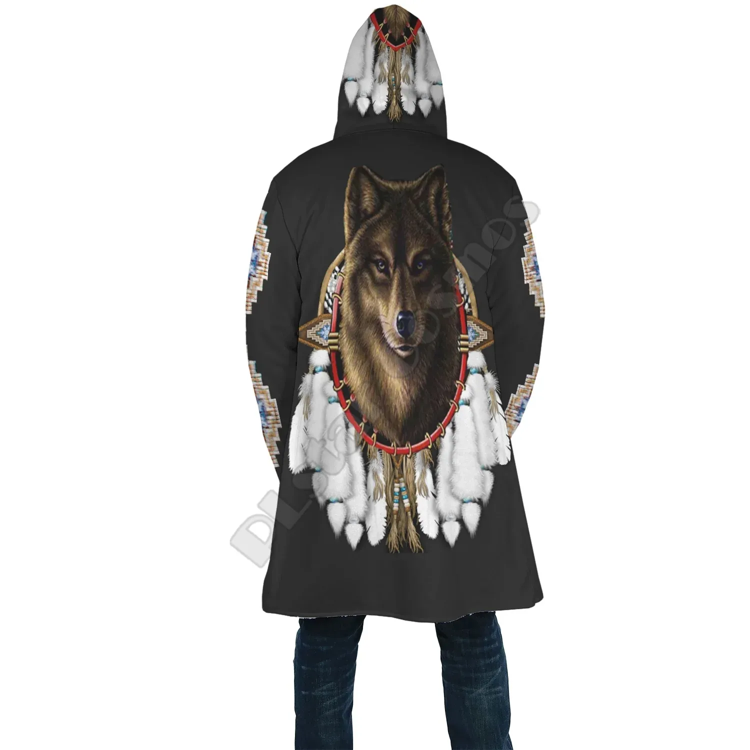 Turquoise Blue Pattern Breastplate Native American Cloak 3D Print Winter Hooded Cloaks Fleece Wind Breaker Unisex Warm Overcoat