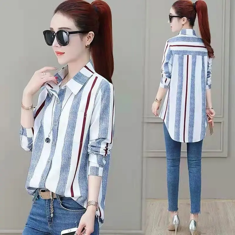 Fashion Printed Lapel Button All-match Striped Shirt Female Clothing 2024 Spring Autumn New Casual Tops Office Lady Blouse