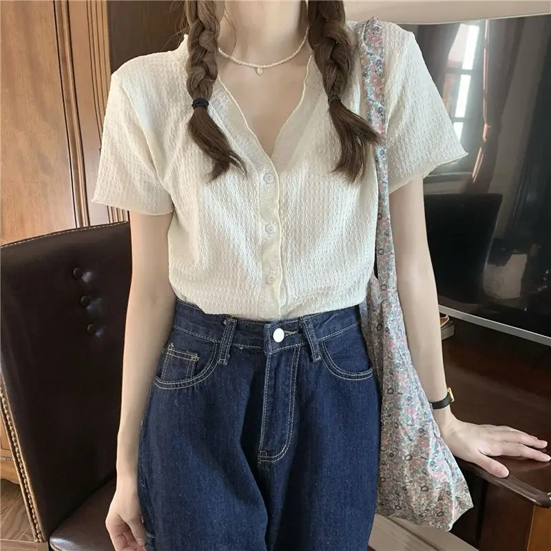 

Women's Textured Button-Down Blouse, V-Neck with Short Sleeves, Lightweight Crinkled Fabric Casual Top