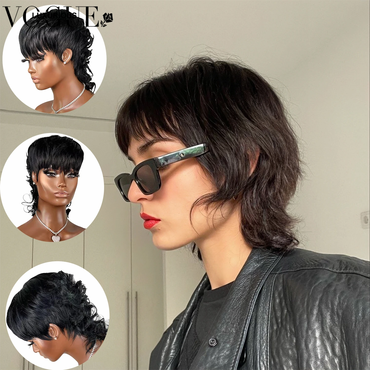 

Trendy Mullet Layered Pixie Cut Wig Human Hair With Bang Natural Color Deep Curly Human Hair Put On and Go Full Machine Made Wig