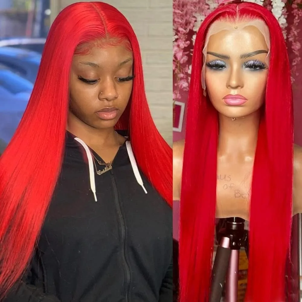 32 بوصة شعر أحمر الاصطناعية الدانتيل الجبهة الباروكات قبل قطعها شعر مستعار طبيعي طويل مستقيم