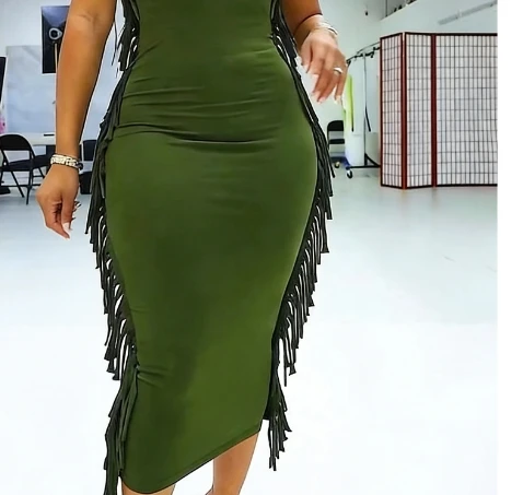 Veelzijdige midi-jurk met franjesaccent, mouwloze en bodycon-modieuze jurk voor dames