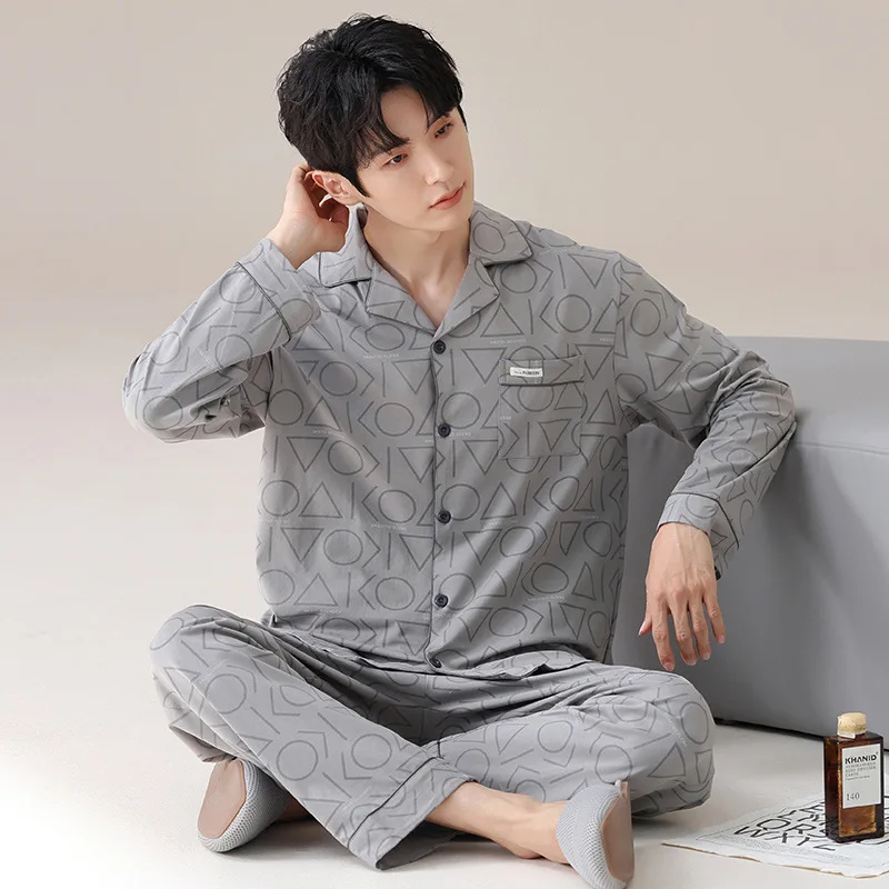 بيجامة للرجال ملابس نوم للخريف من القطن مقاس كبير غير رسمي بأكمام طويلة بدلات صيفية وشتوية #5
