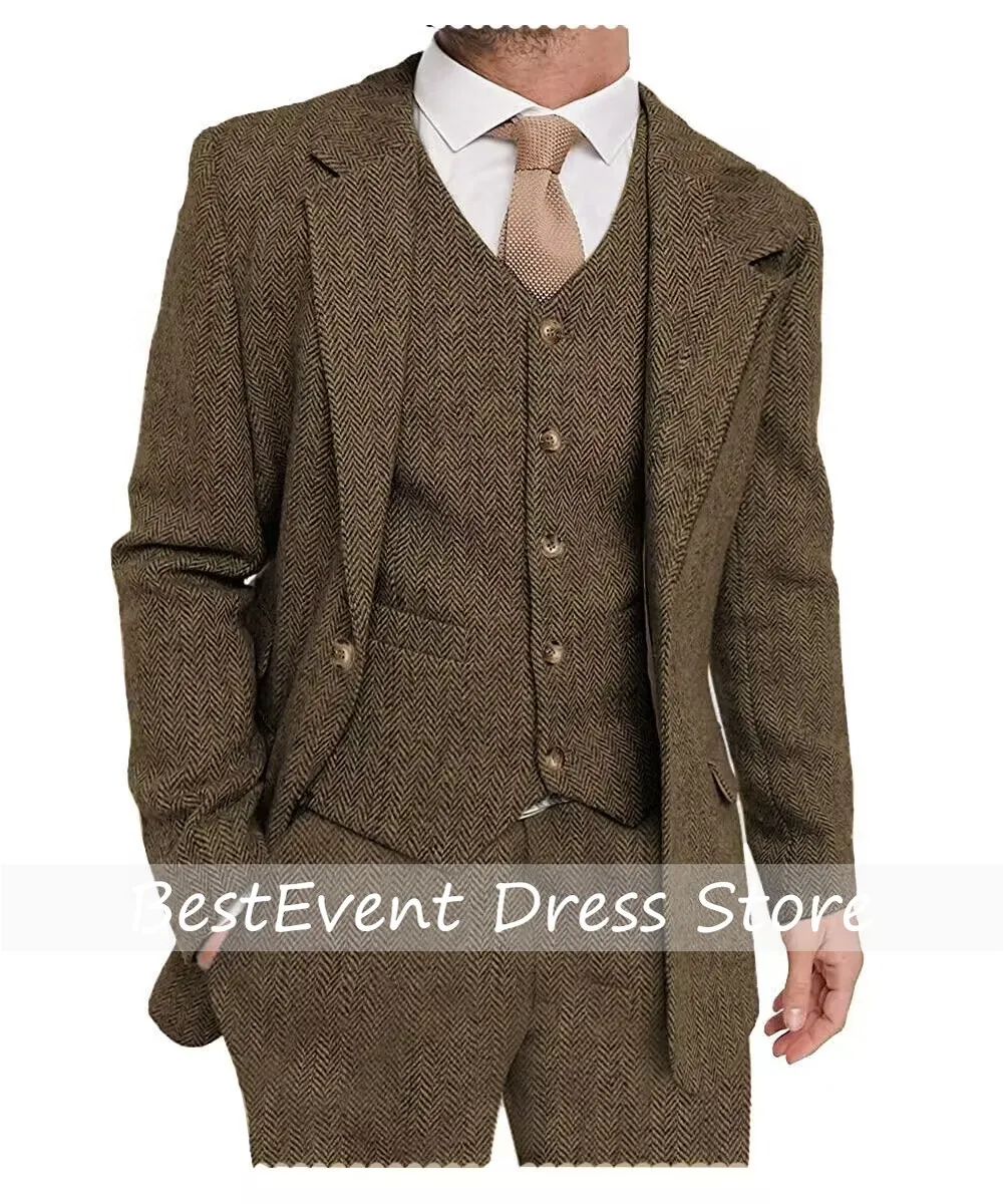 Mens 3 Pieces Brown Suit Formal Business Tweed Groom Tuxedo for Men Business/Wedding Men's Suit Jacket Vest Pants Set Customized
