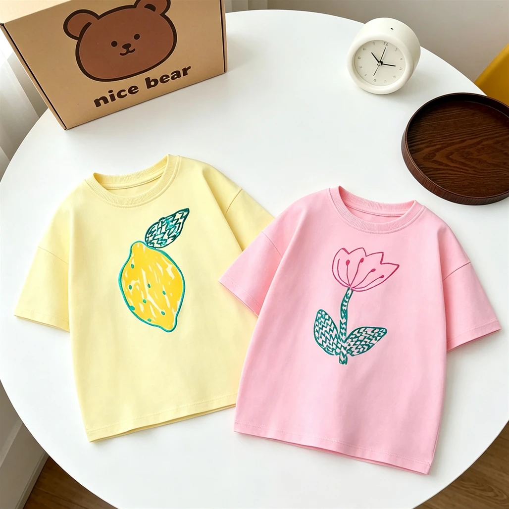 Mädchenkleidung Rosa Gelbes T-Shirt Rundhals-Unterhemd Locker Lässig Einfache Oberteile Kleinkind Allround-T-Shirt Jungen Sommerkleidung