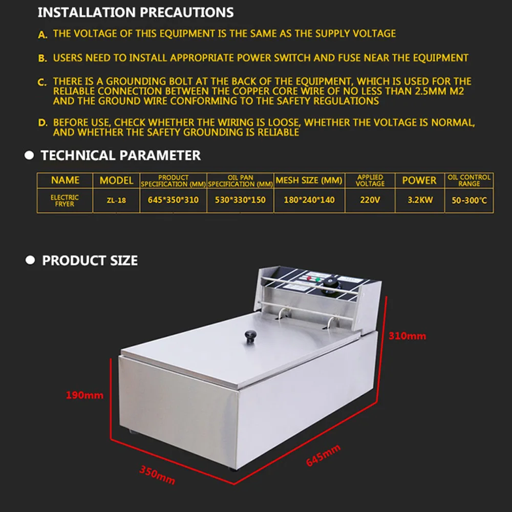 Fritadeira elétrica comercial de cilindro único, fritadeira elétrica de grande capacidade, espetos fritos, palitos de massa frita e batatas fritas