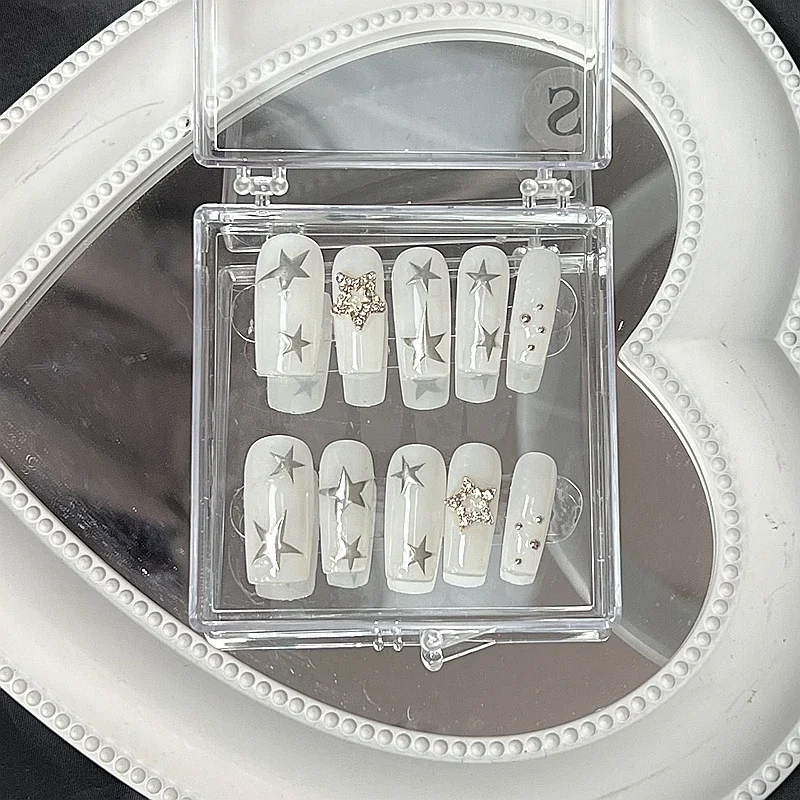 Handmade White Long Coffin Y2K Press On Nail Art Fake Nail With Glue Custom Acrylic Short False Nails Full Cover Nail Tips Gift