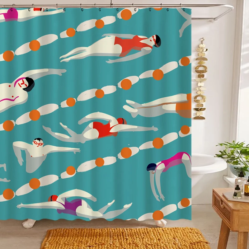Schwimmen Thema Dusche Vorhang Cartoon Druck Partition Hängen Wasser Widerstand Stoff für Bad Hause Badezimmer Dekor