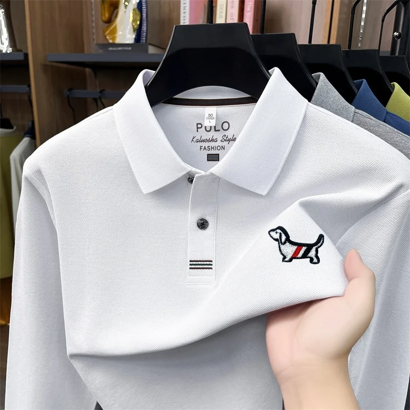 Autumn New Men's Long Sleeved Polo Shirt Solid Color Embroideryed Print Lapel 100% Cotton T-shirt Casual Fashion Men's Clothing