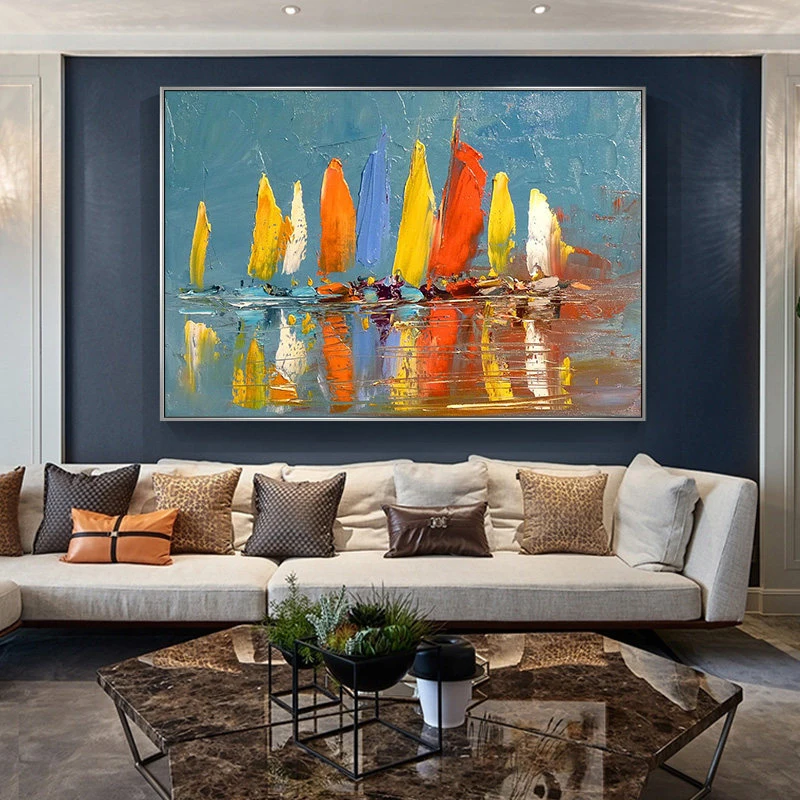 

OQ Hand Painted Abstract Knife Oil Painting On Canvas Handmade Modern Sailboat Landscape Picture Home Wall Hotel Decor Unframed