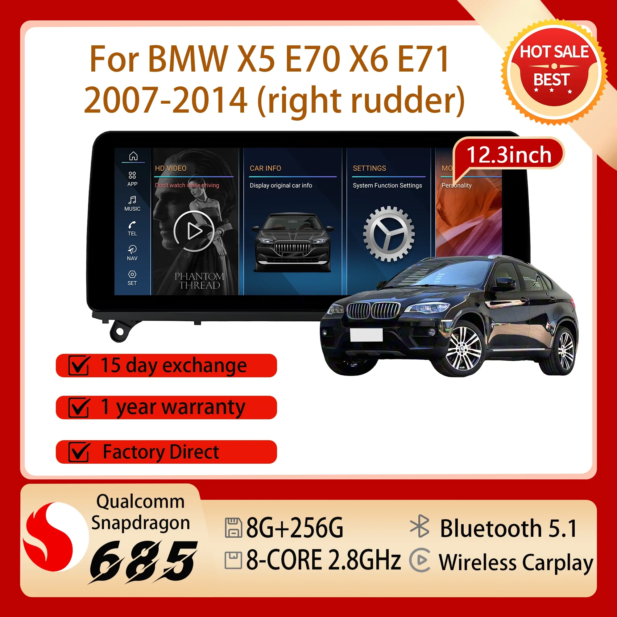 12.3'' Right Hand Drive Split Screen GPS For BMW X5 E70 X6 E71 2007-2014 Snapdragon 685 Android 14 Car Radio Multimedia Carplay