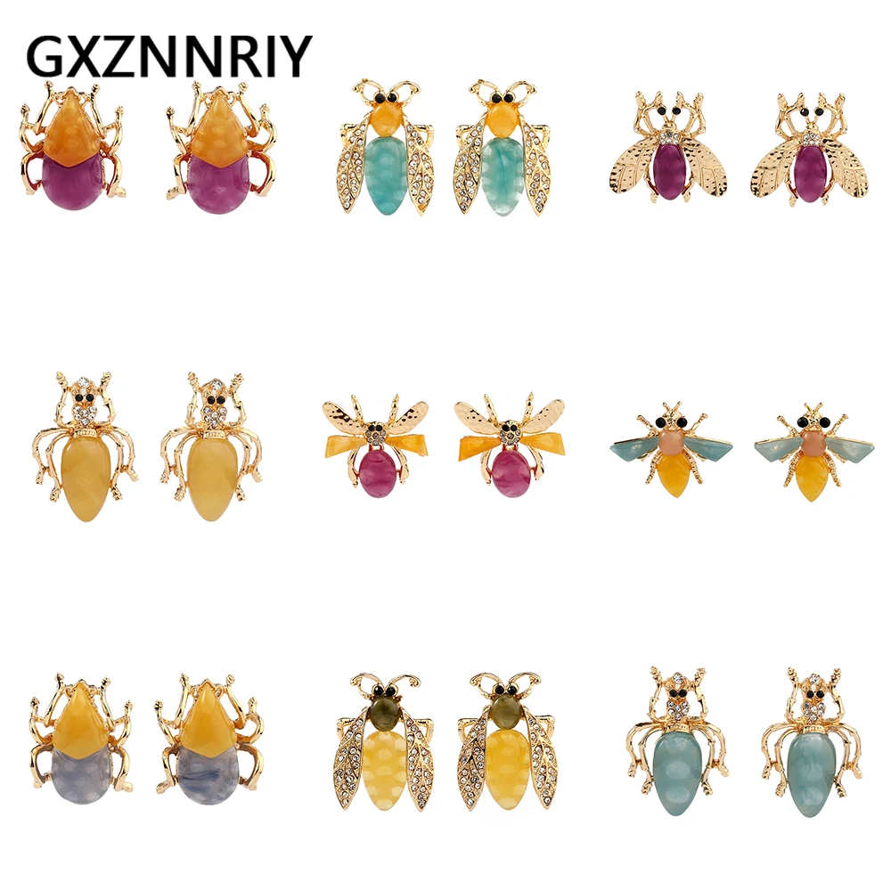 Fashion Resin Insect Beetle Stud Earrings for Women Accessories New Trendy Rhinestone Gold Color Earrings Party Jewelry Gift