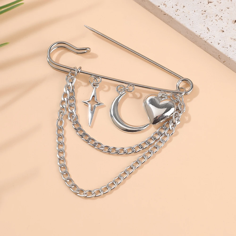 Bonito seguro-pin forma broche pinos amor coração crescente cruz estrela encantos camadas correntes pingente terno corsage acessório adereços presente