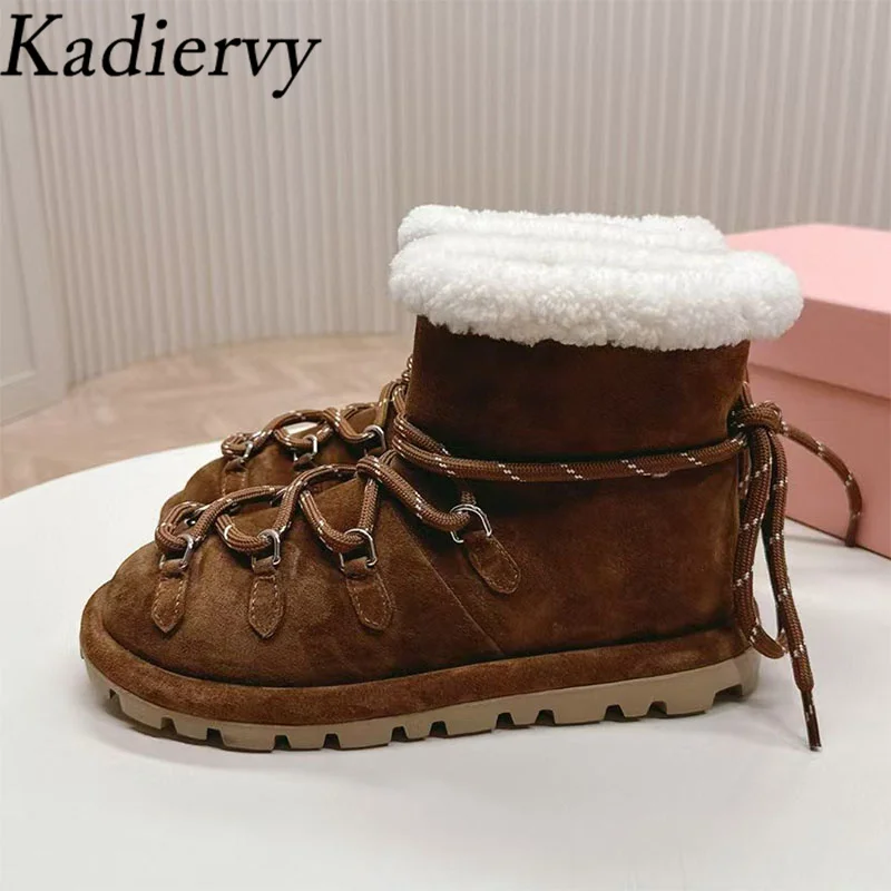 

New Snow Boots Woman Round Toe Cross Lace Up Ankle Boots Wool Warm Winter Shoes Women Cow Suede Flat Short Boots Women
